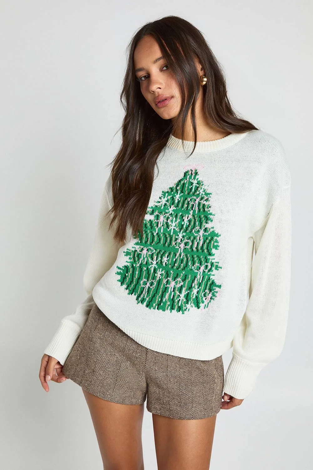 Bow Christmas Tree Christmas Jumper by boohoo