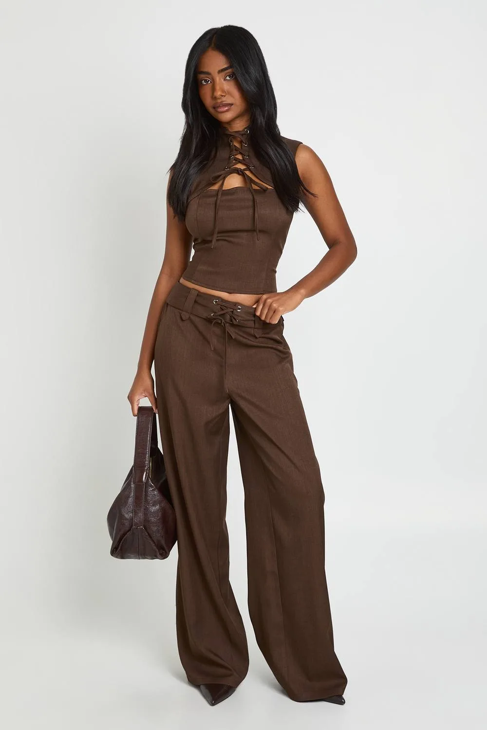 Tie Front Wide Leg Trousers by boohoo