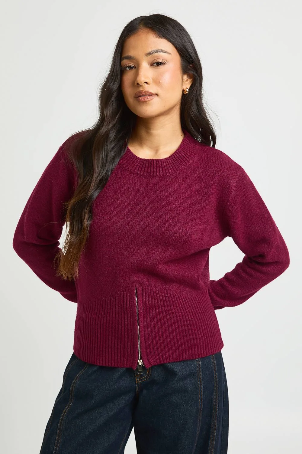 Zip Hem Cinched Waist Knitted Jumper by boohoo