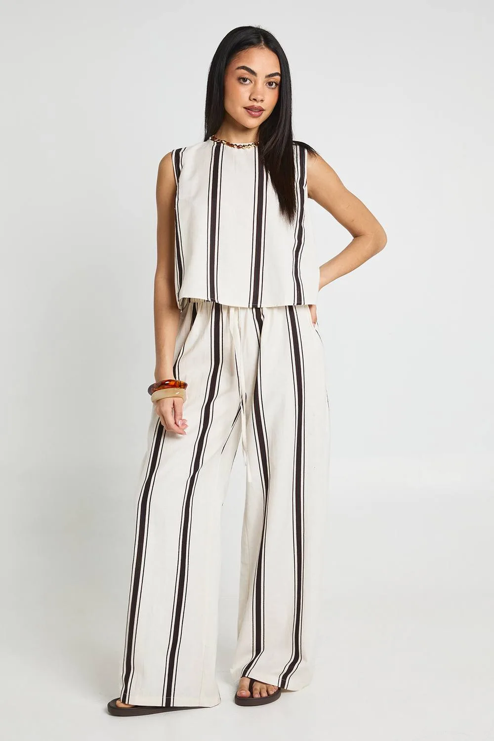 Striped Linen Look Boxy Top & Wide Leg Trouser Co-Ord by boohoo