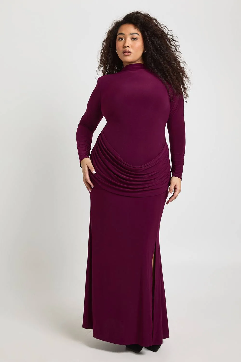 Shoulder Pad Long Sleeve Draped Skirt Detail Maxi Dress