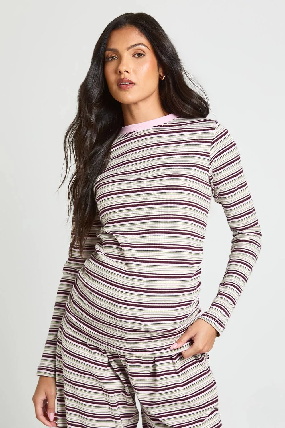 Maternity Stripe Rib Fitted Long Sleeve Top by boohoo