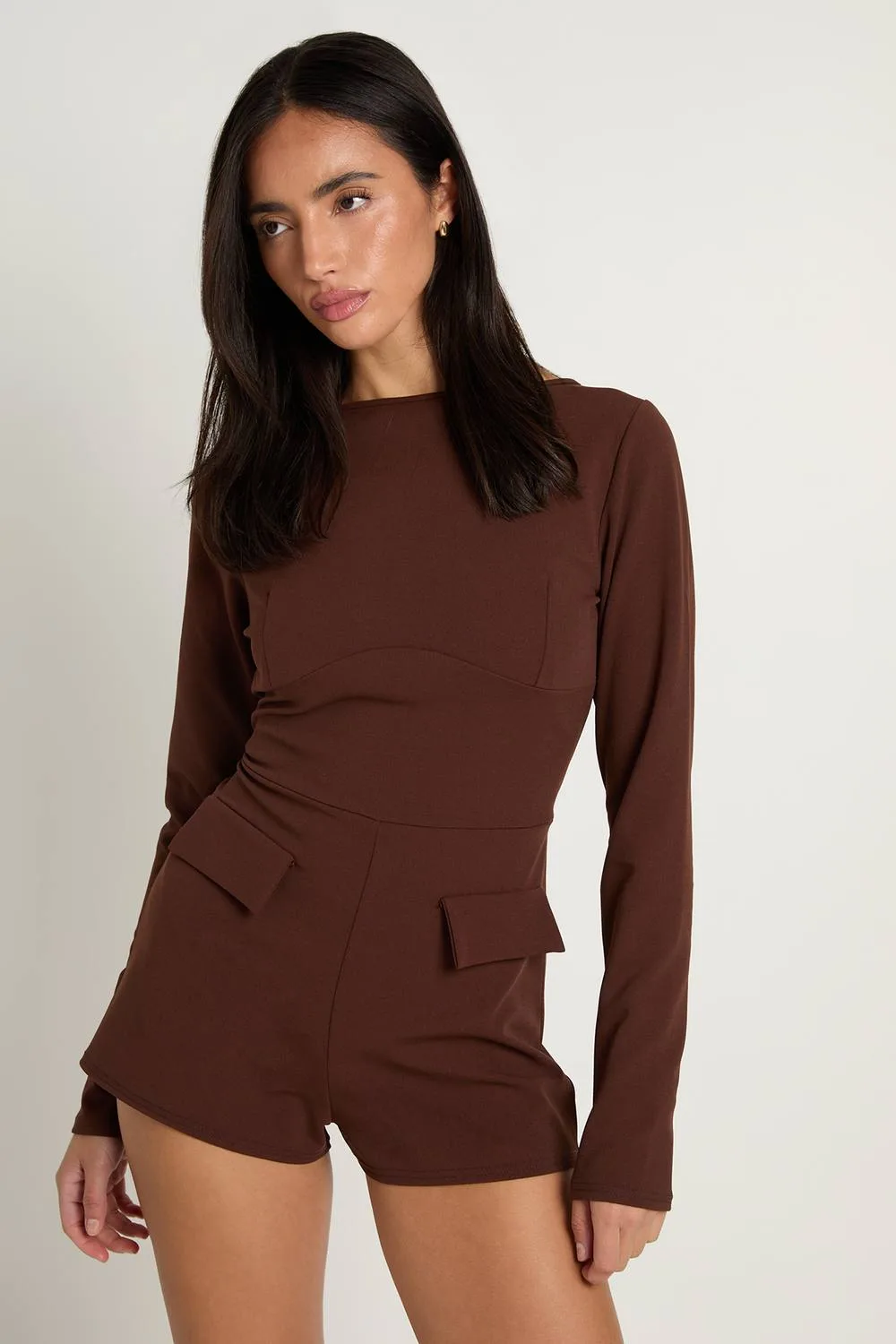 Jersey Crepe Slash Neck Long Sleeve Playsuit by boohoo