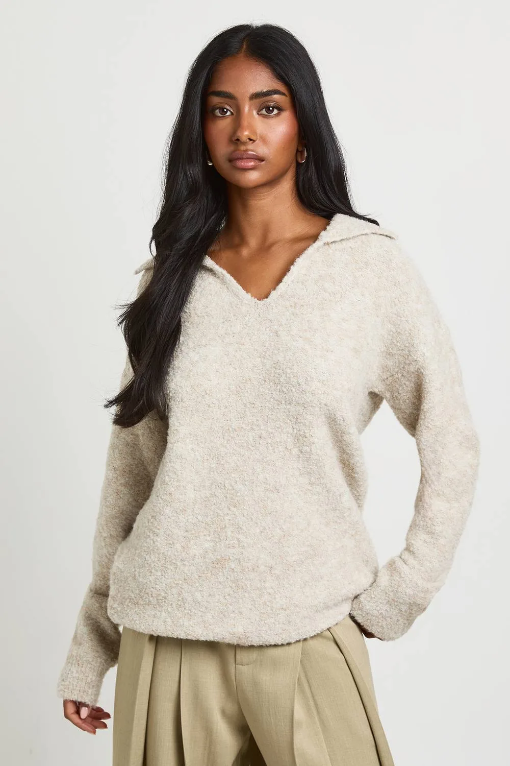 Collared Boucle Knitted Mini Jumper Dress - Stone by boohoo
