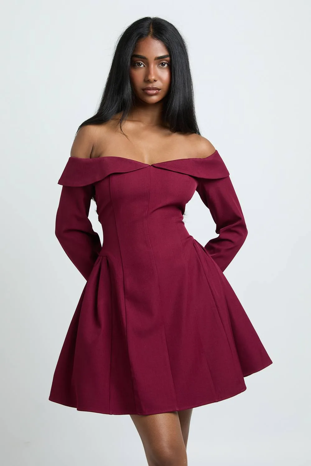 Long Sleeve Bardot Structured Skater Dress by boohoo