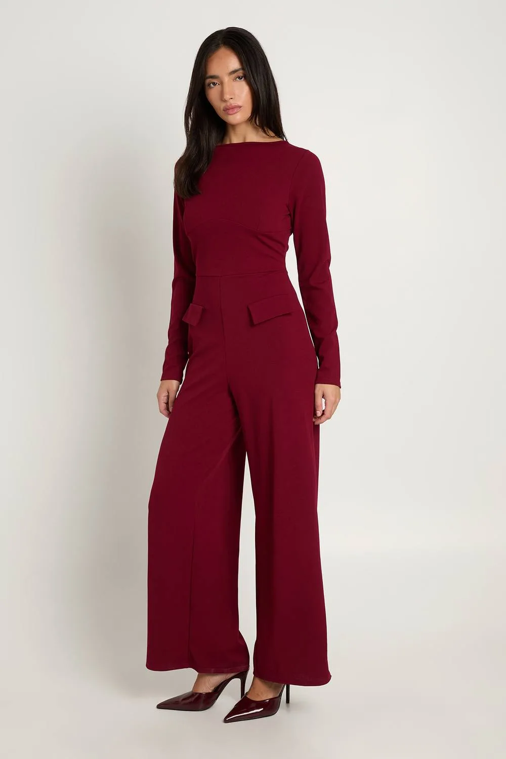 Jersey Crepe Slash Neck Long Sleeve Jumpsuit