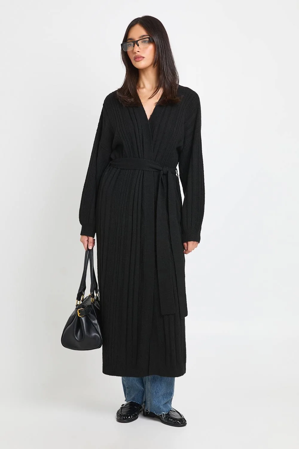 Belted Mixed Rib Soft Knit Maxi Cardigan by boohoo