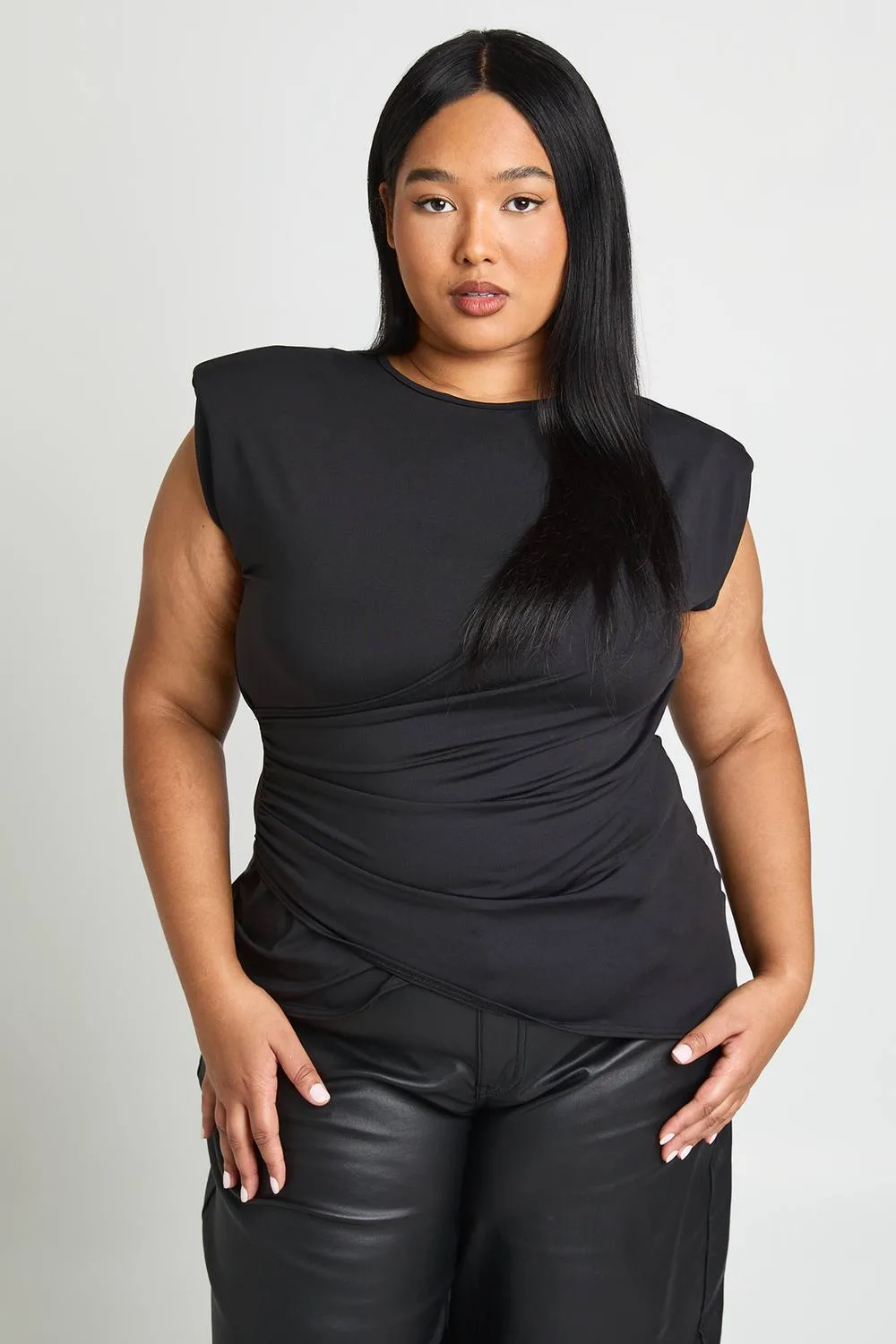 Plus Shoulder Pad Drape Short Sleeve Faux Leather Top by boohoo
