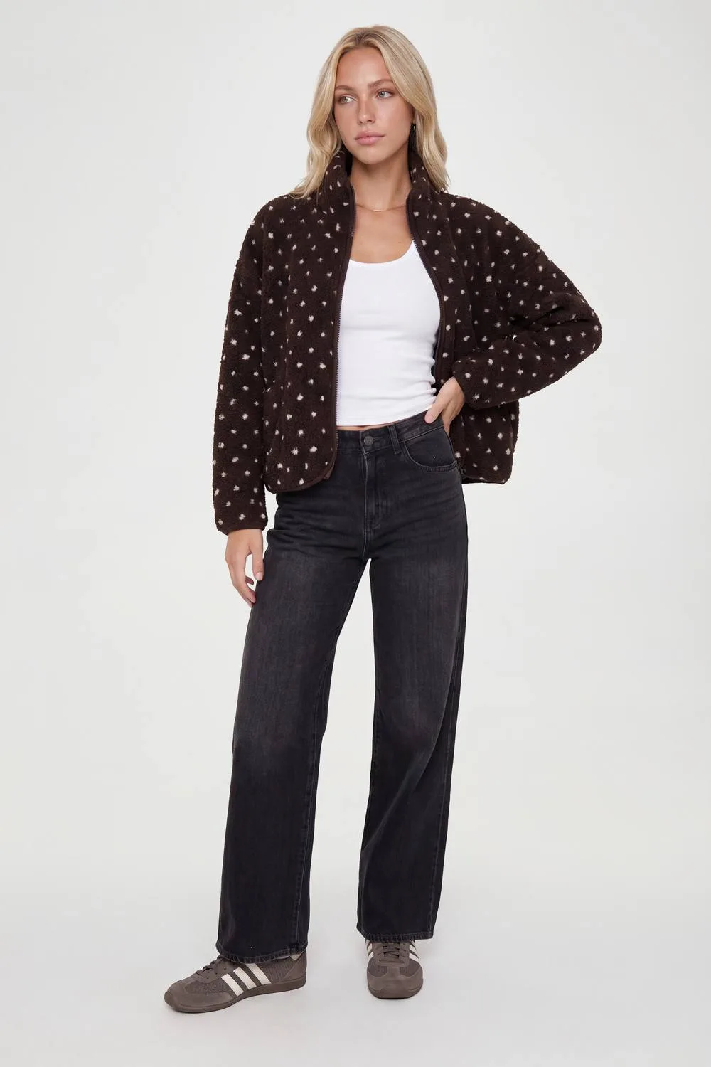 Polka Dot Funnel Neck Teddy Jacket by boohoo