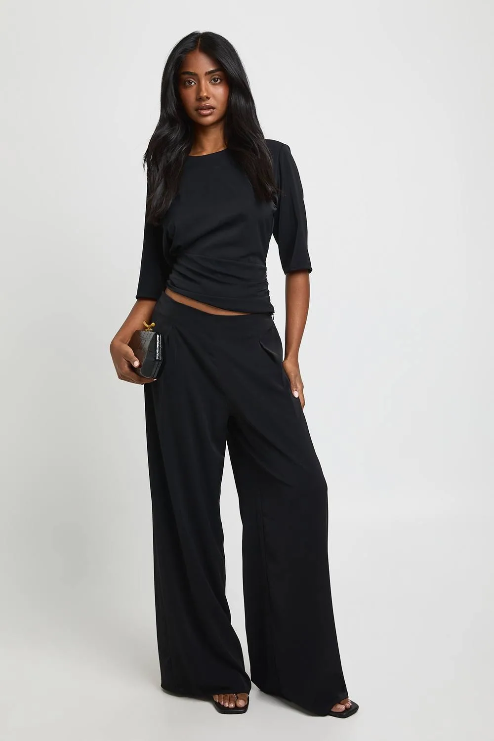 Boxy Shoulder Pad Cinch Waist Wide Leg Co-Ord Trouser by boohoo