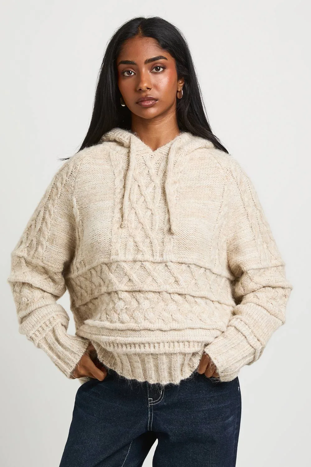 Chunky Knit Cable Oversized Knitted Hoody - Stone