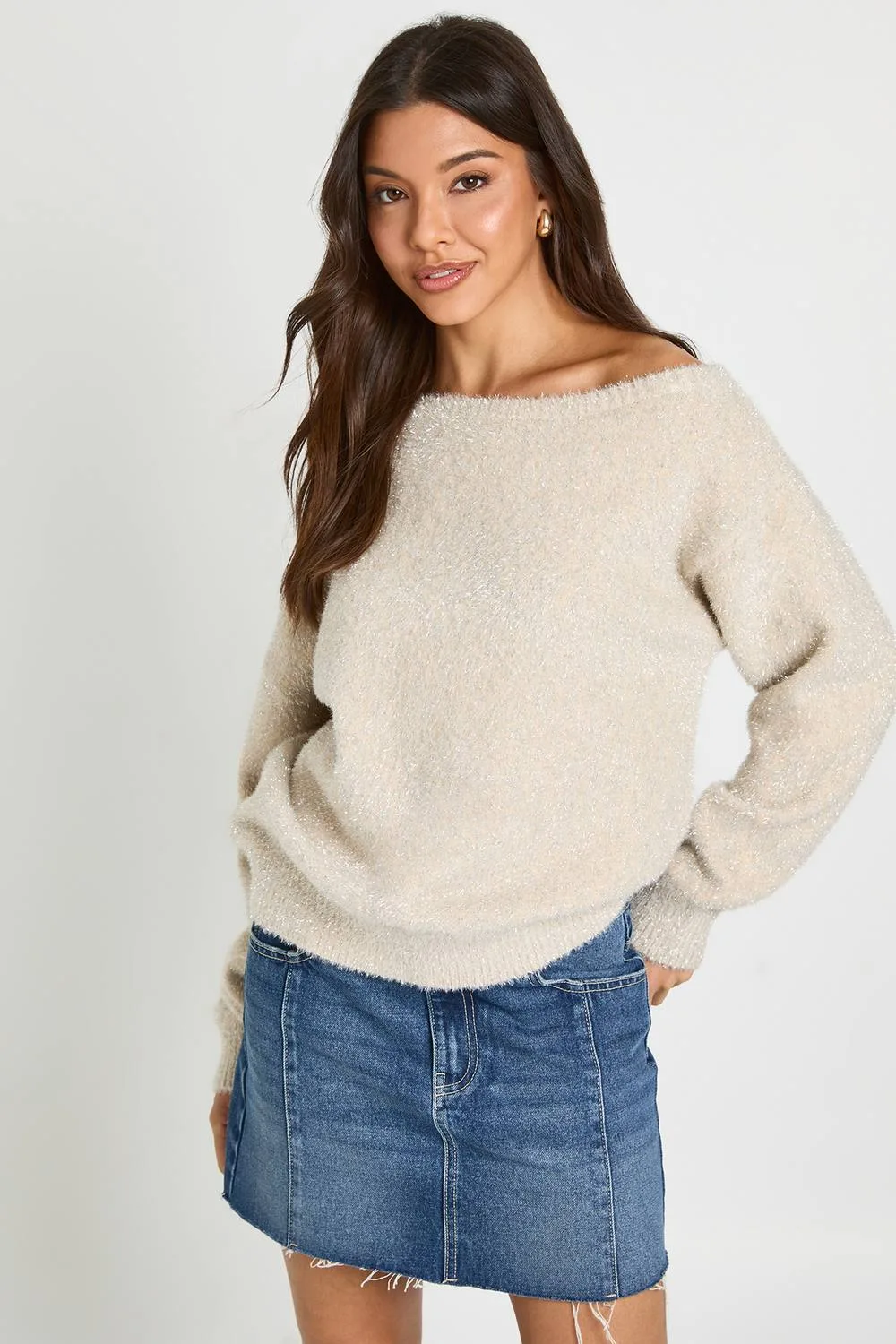 Super Soft Tinsel Knit Slash Neck Jumper by boohoo