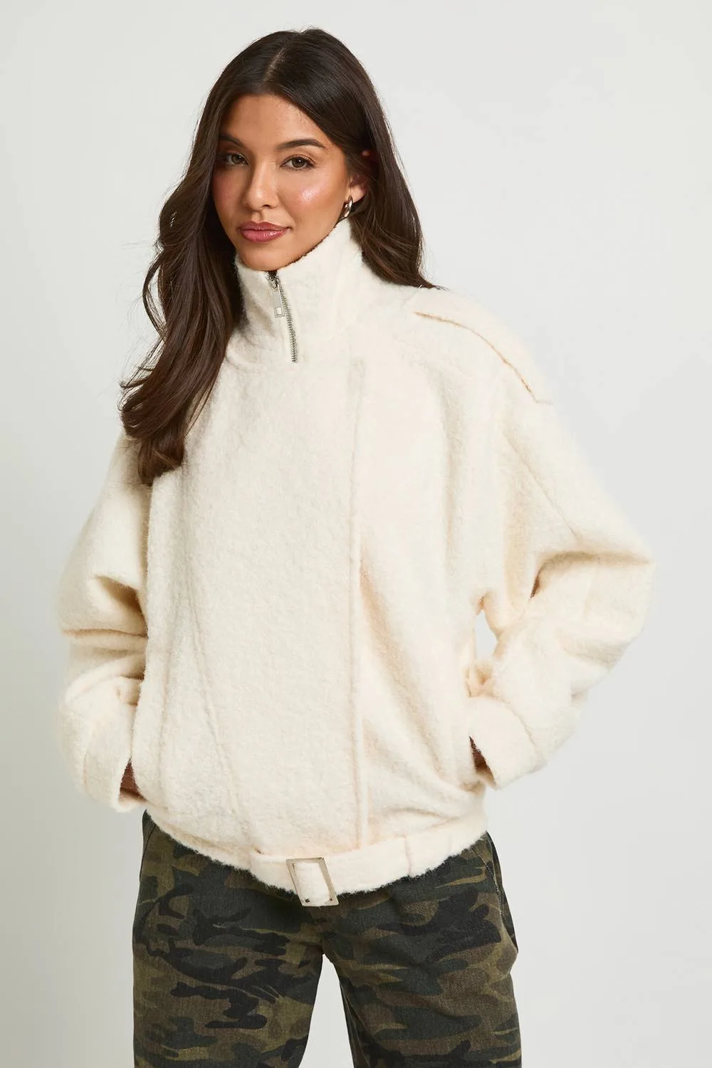 Textured Assymetric Wool Look Jacket by boohoo