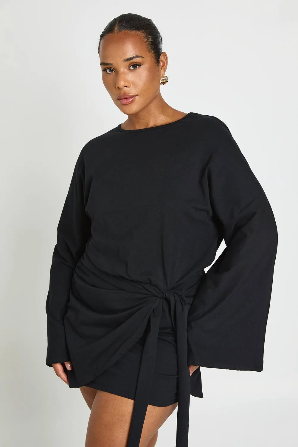 Plus Cotton Elastane Tie Detail Mini Dress by boohoo