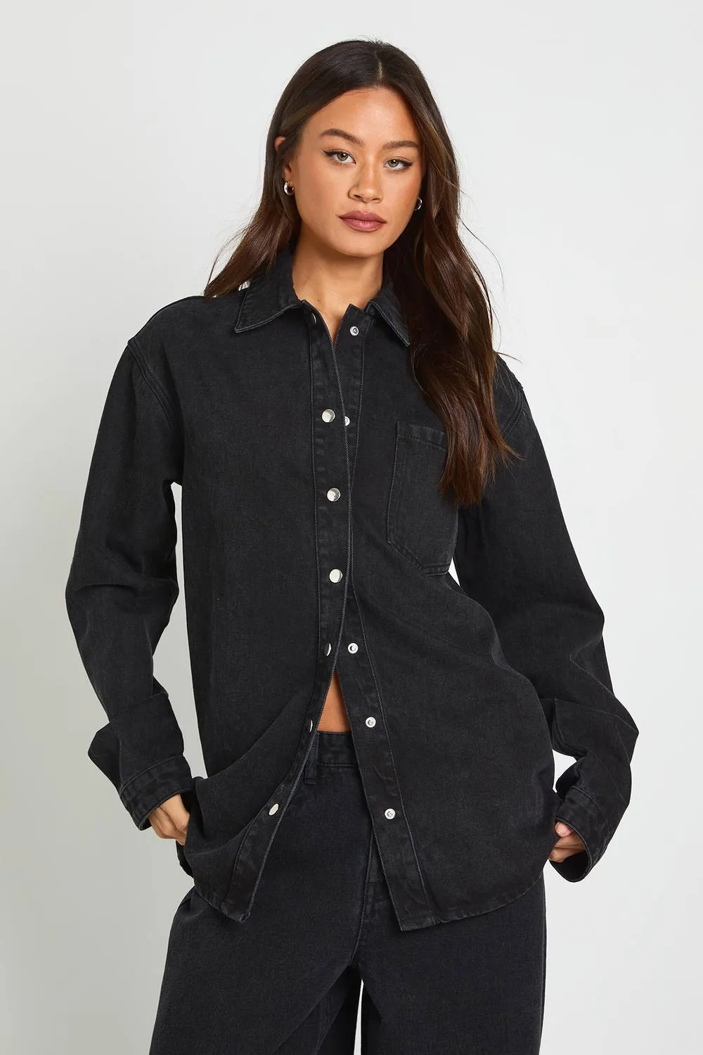 Oversized Long Sleeve Denim Shirt by boohoo