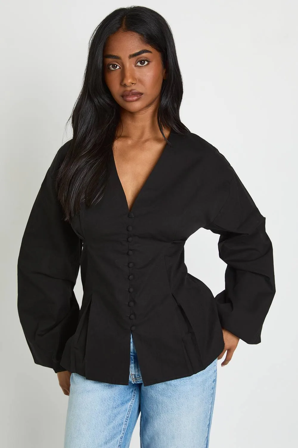 Cotton Poplin Button Down Blouse by boohoo