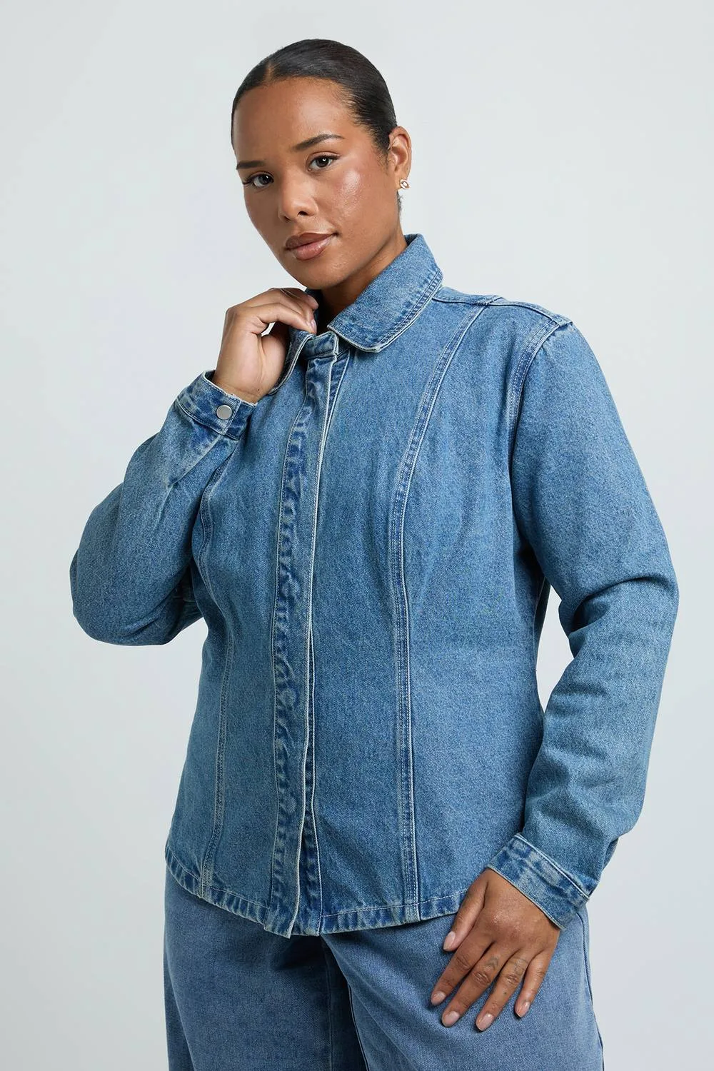 Seam Detail Denim Long Sleeve Shirt by boohoo