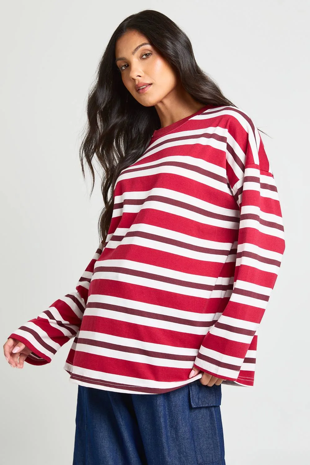 Maternity Stripe Long Sleeve Oversized T-Shirt by boohoo