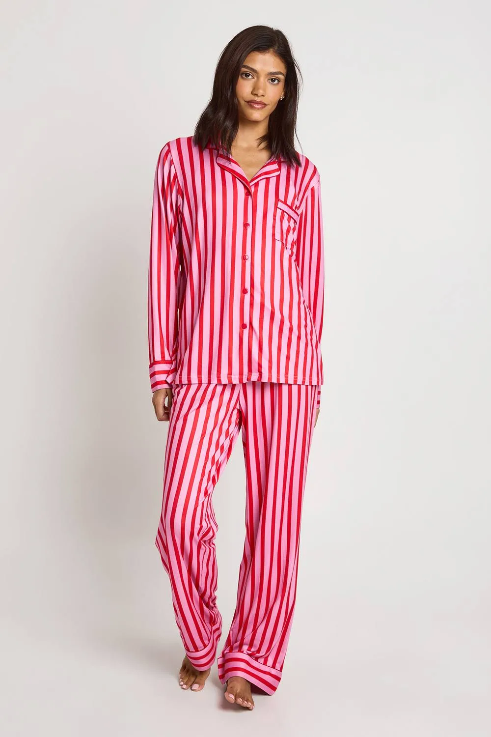 Matching Family Candy Stripe Super Soft Long Sleeve Shirt & Trousers Pyjama Set by boohoo