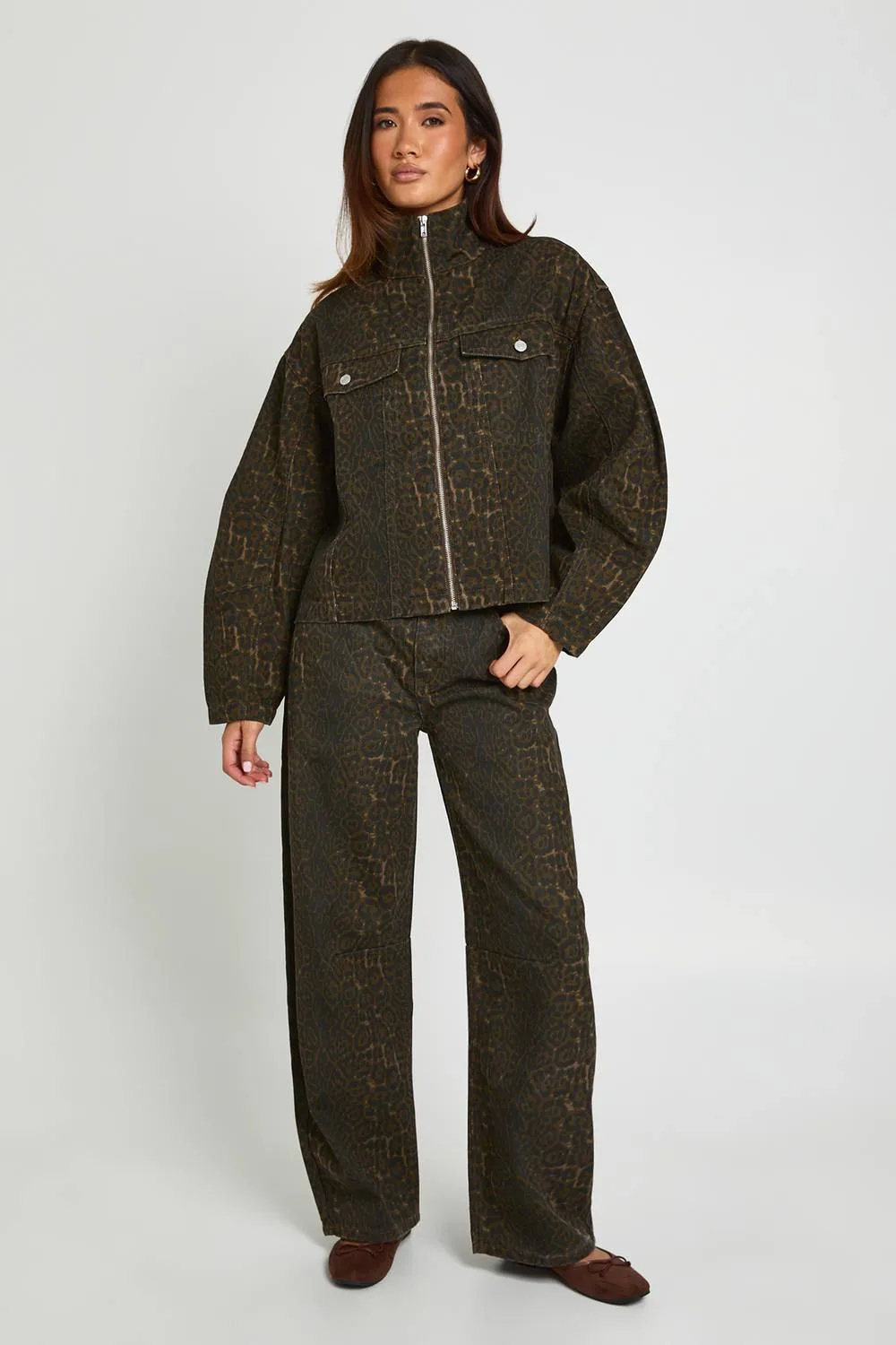High Waist Leopard Print Barrel Jean