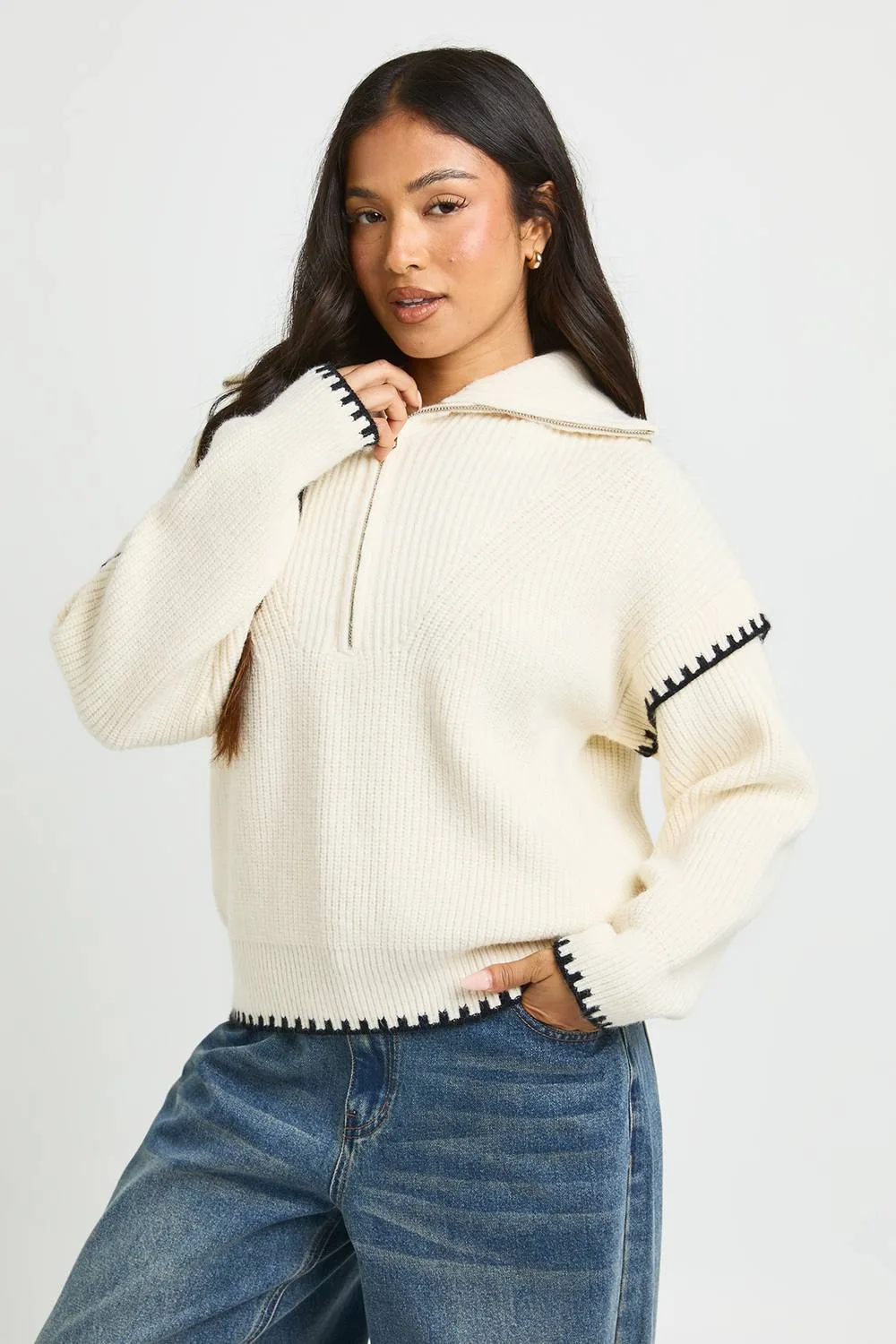 Contrast Stitch Zip Neck Jumper by boohoo