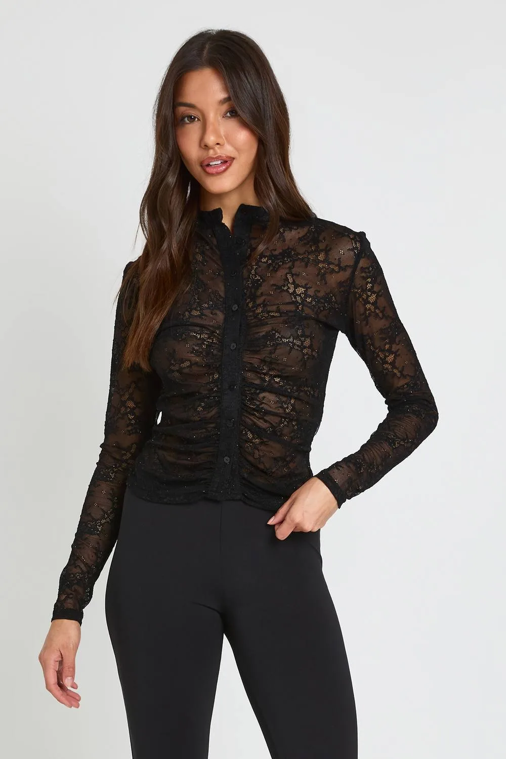 Hotfix Lace Button Through Ruched Top by boohoo