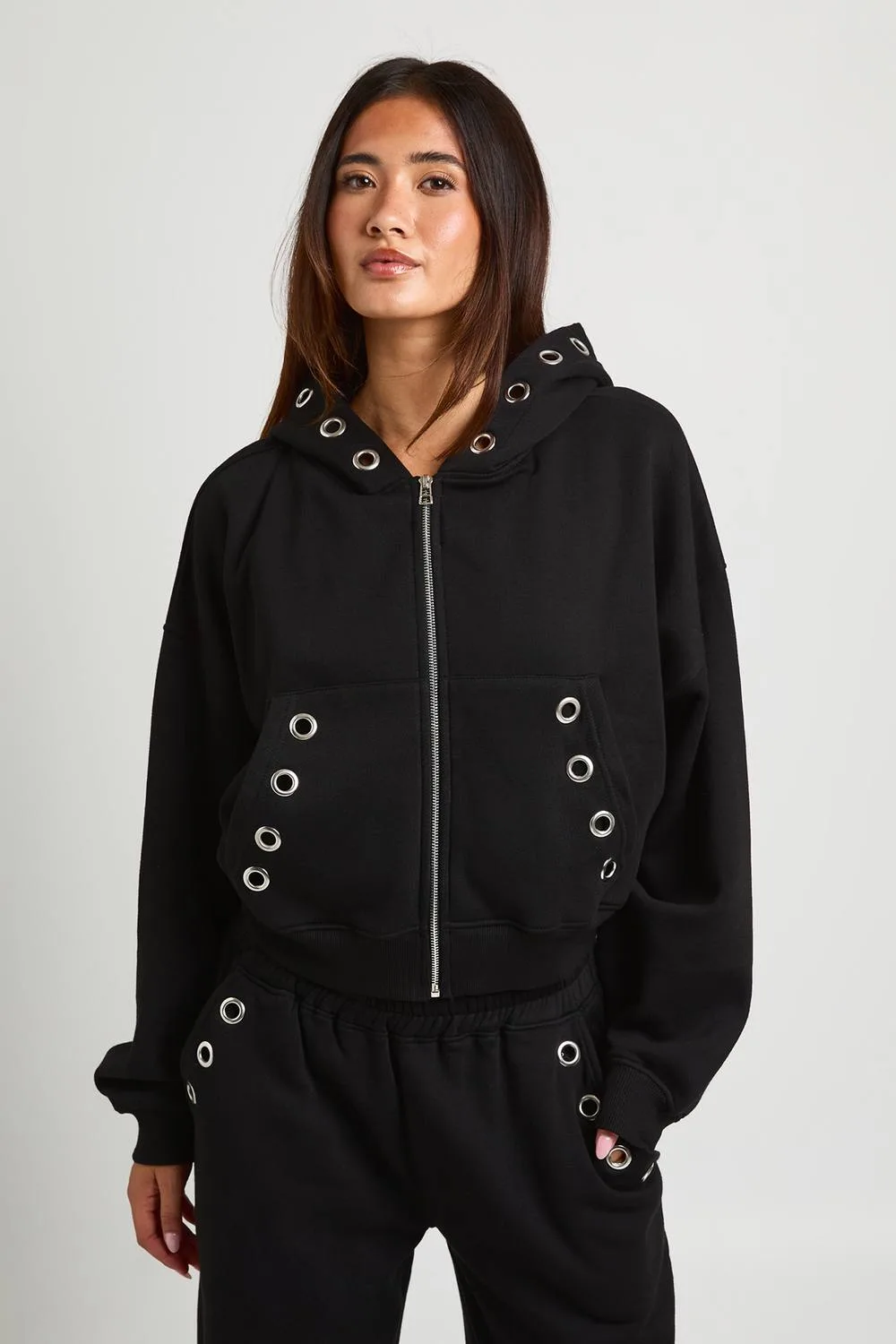 Eyelet Detail Zip Through Boxy Hoodie by boohoo