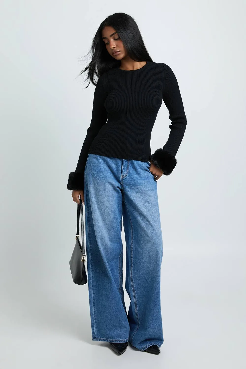 Fur Trim Cuff Knitted Jumper by boohoo