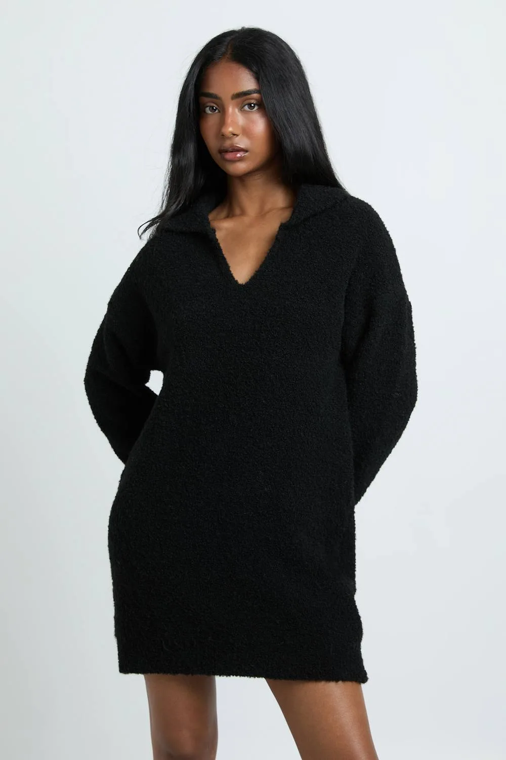 Collared Boucle Knitted Mini Jumper Dress by boohoo