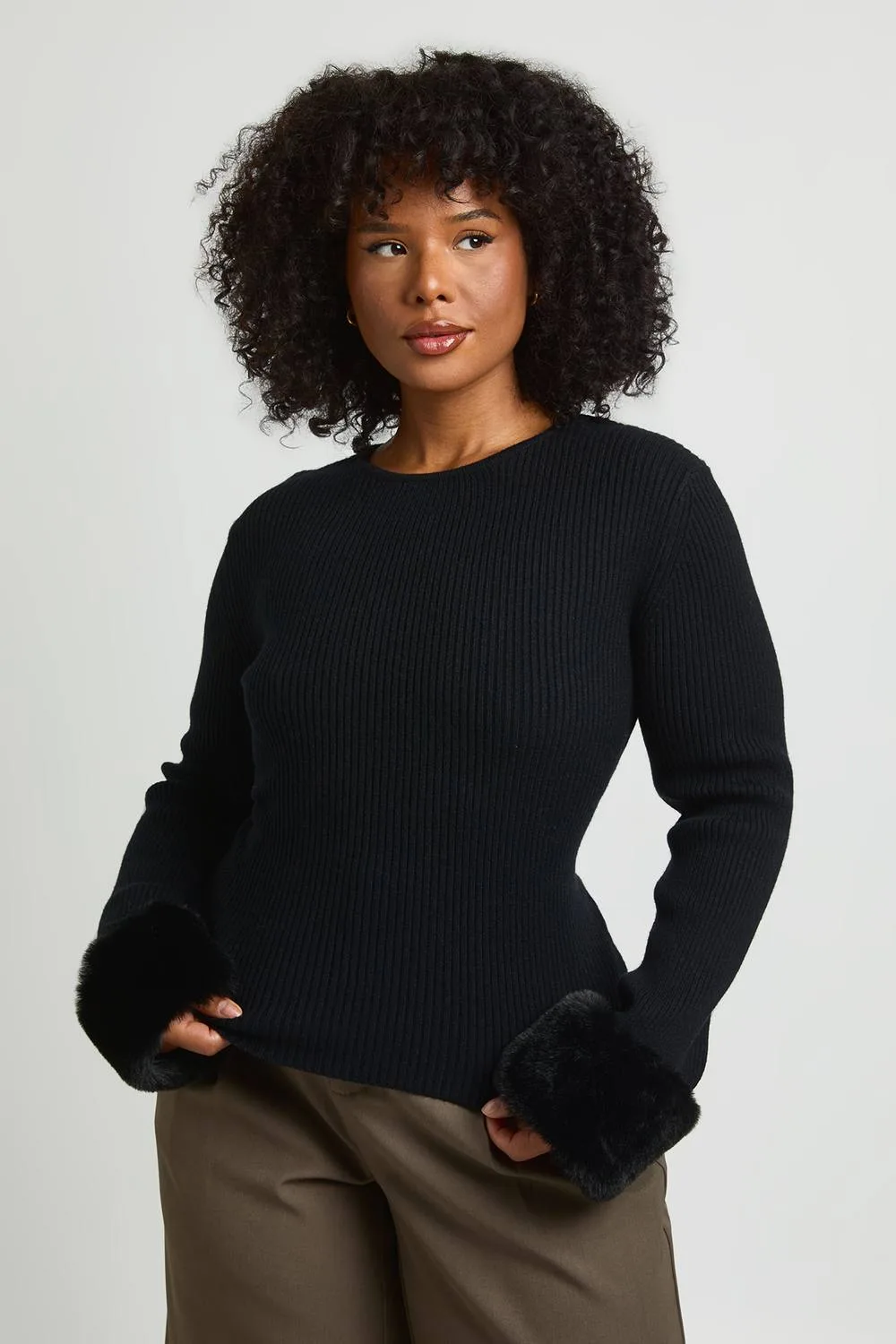 Fur Trim Cuff Knitted Jumper by boohoo
