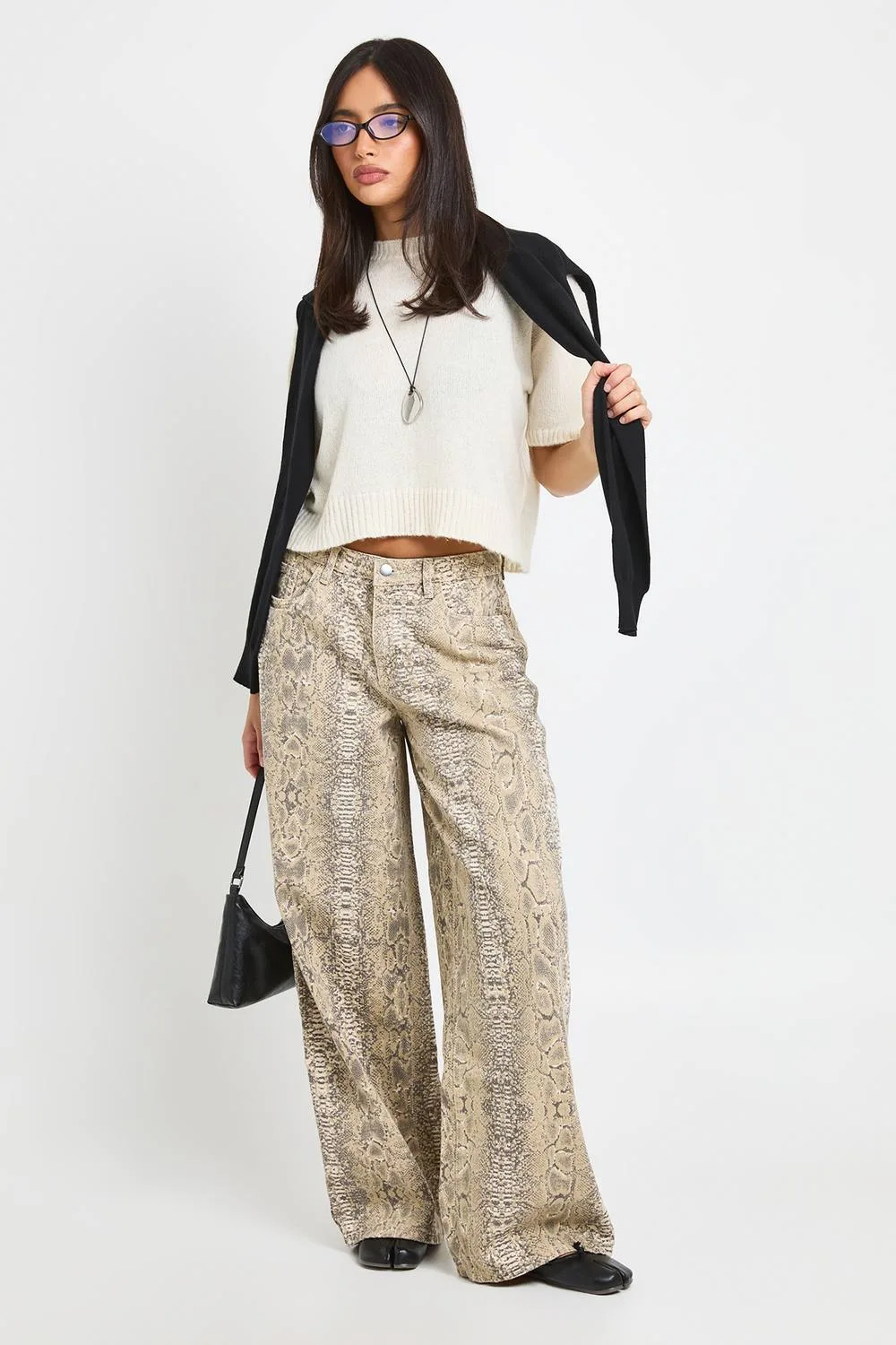 Snake Print Mid Waist Loose Fit Wide Leg Jean by boohoo