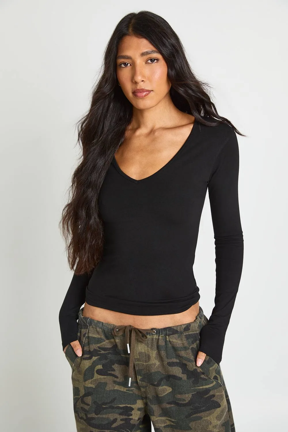 Deep V Neck Long Sleeve Fitted Top by boohoo