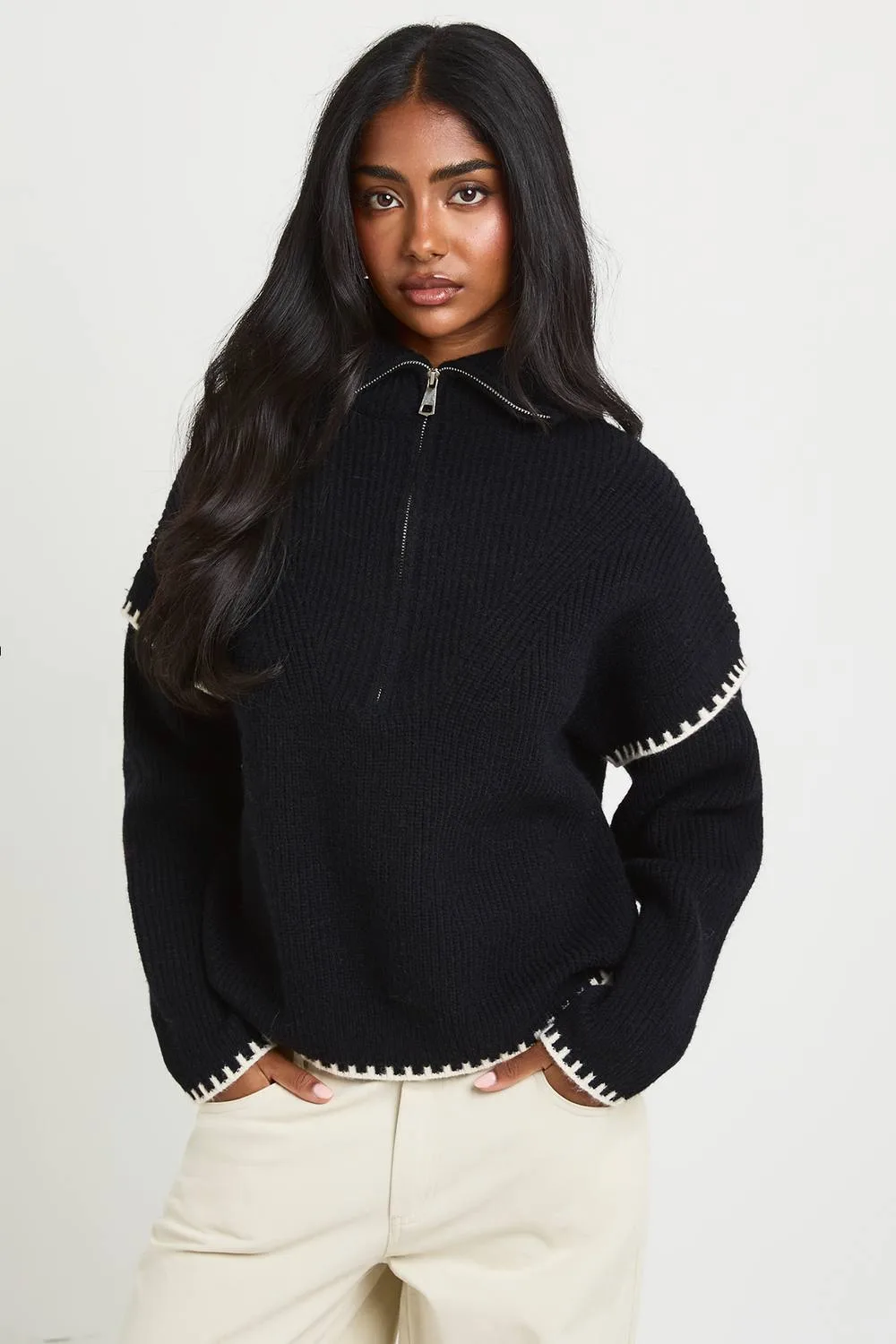 Contrast Stitch Zip Neck Jumper