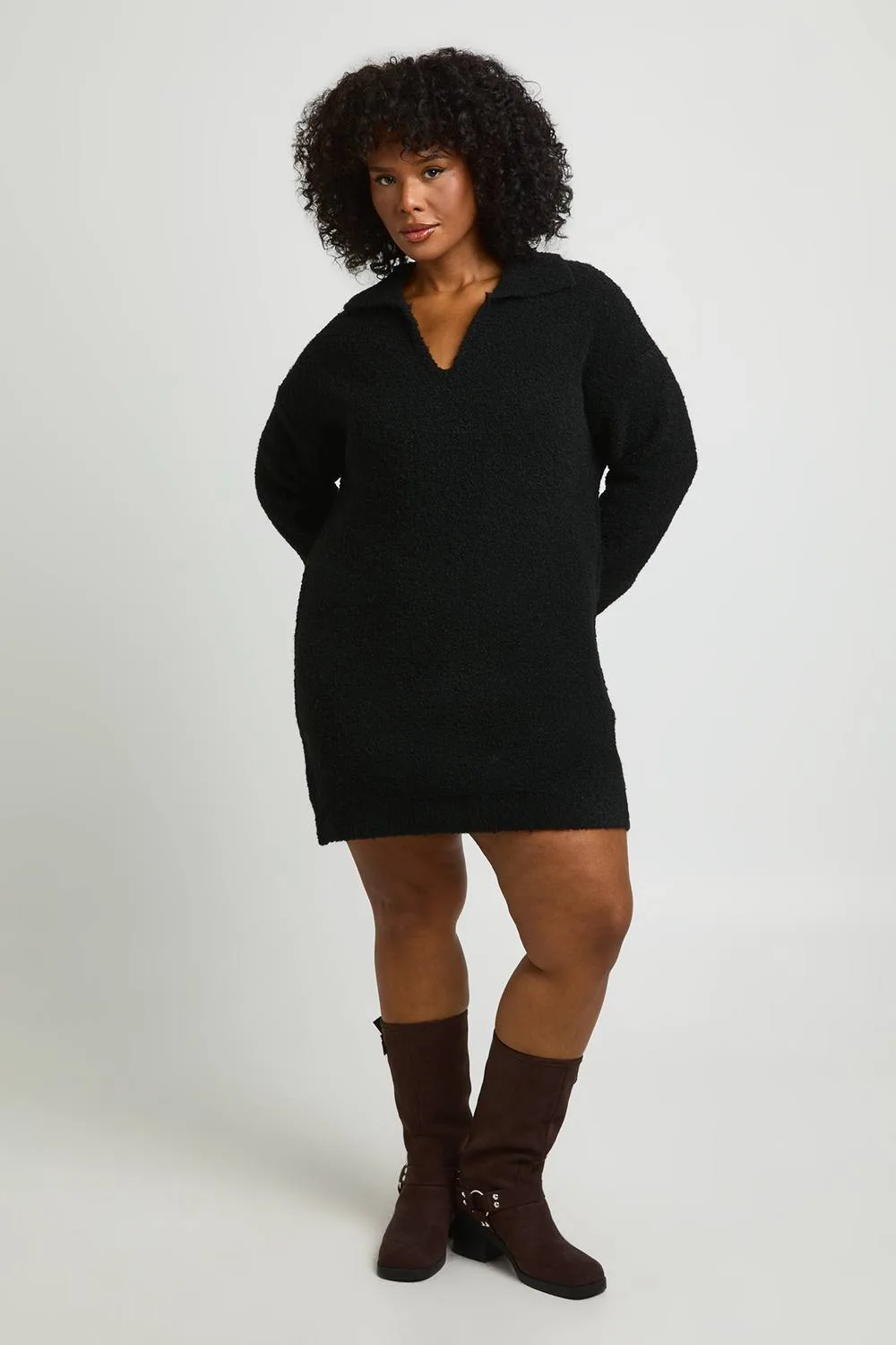 Collared Boucle Knitted Mini Jumper Dress by boohoo