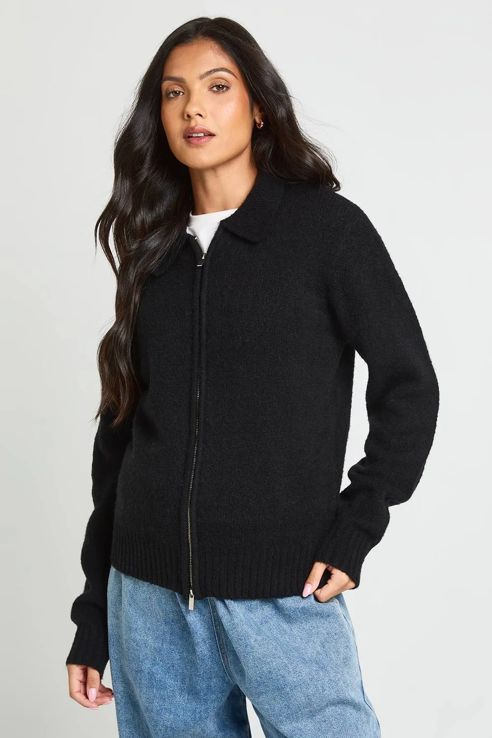 Maternity Collared Zip Through Knitted Jumper by boohoo