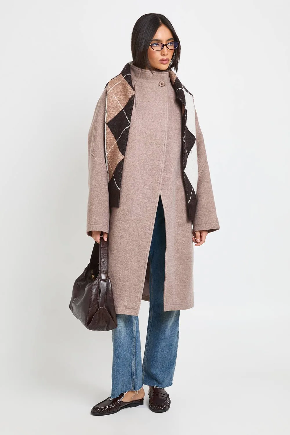 Neck Detail Cocoon Wool Look Coat by boohoo
