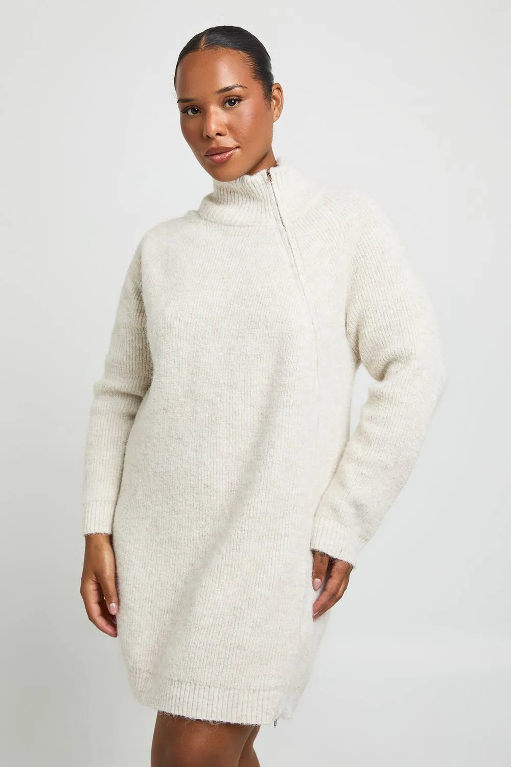 Zip Through High Neck Knitted Mini Dress - Stone by boohoo