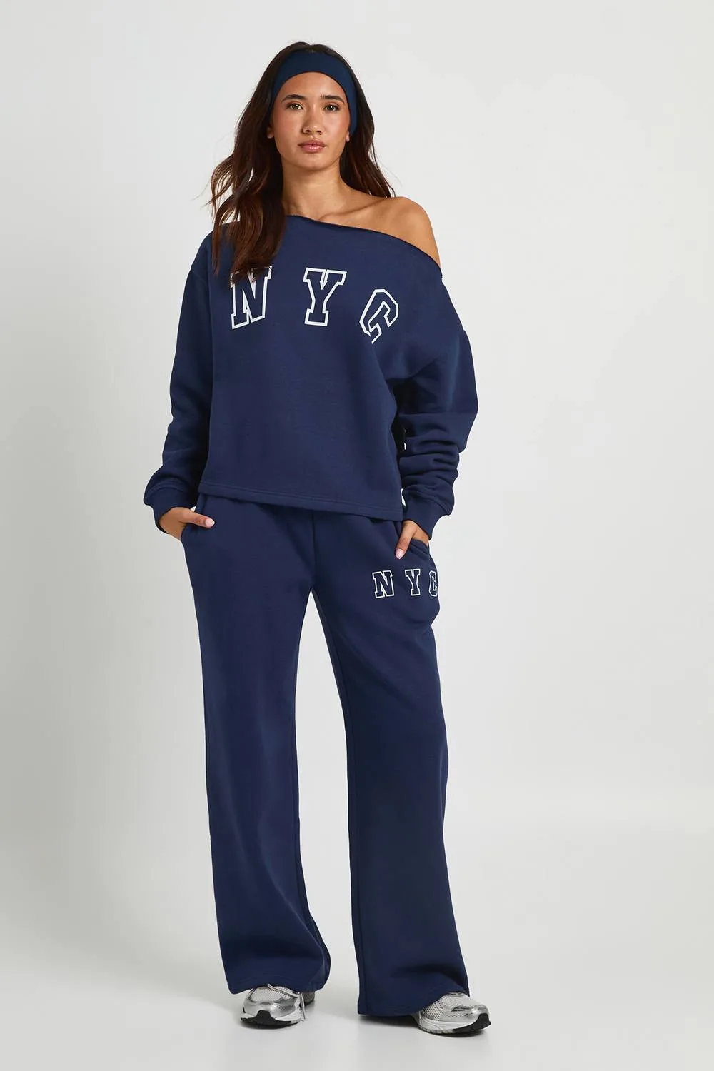 NYC Printed Off-Shoulder Sweatshirt Tracksuit by boohoo