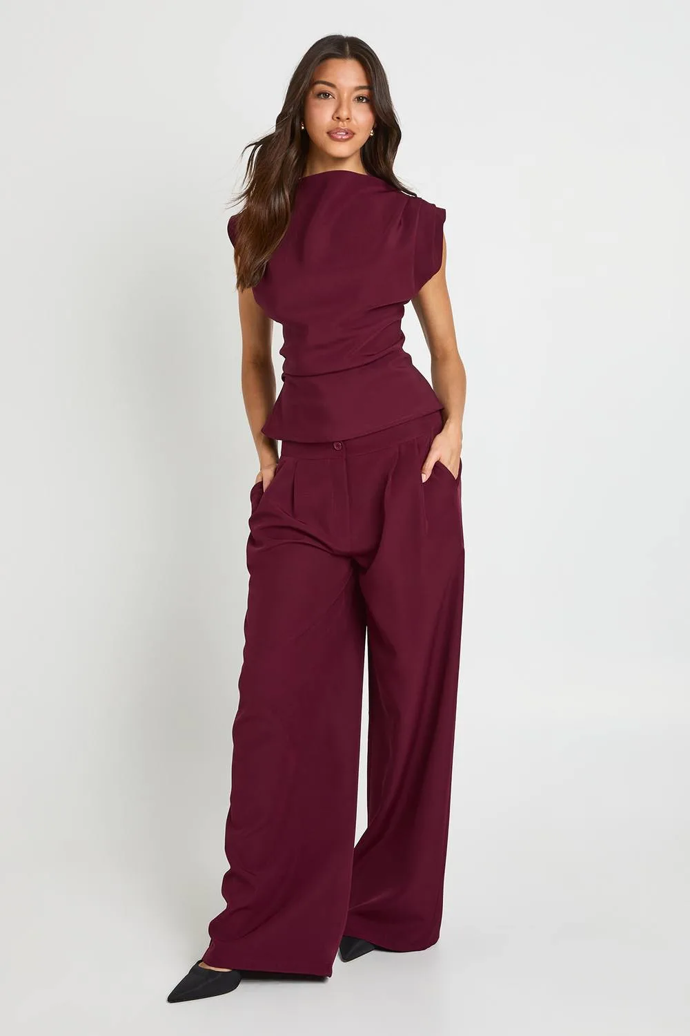 Pleated Cinched Top & Palazzo Trouser Co-Ord by boohoo