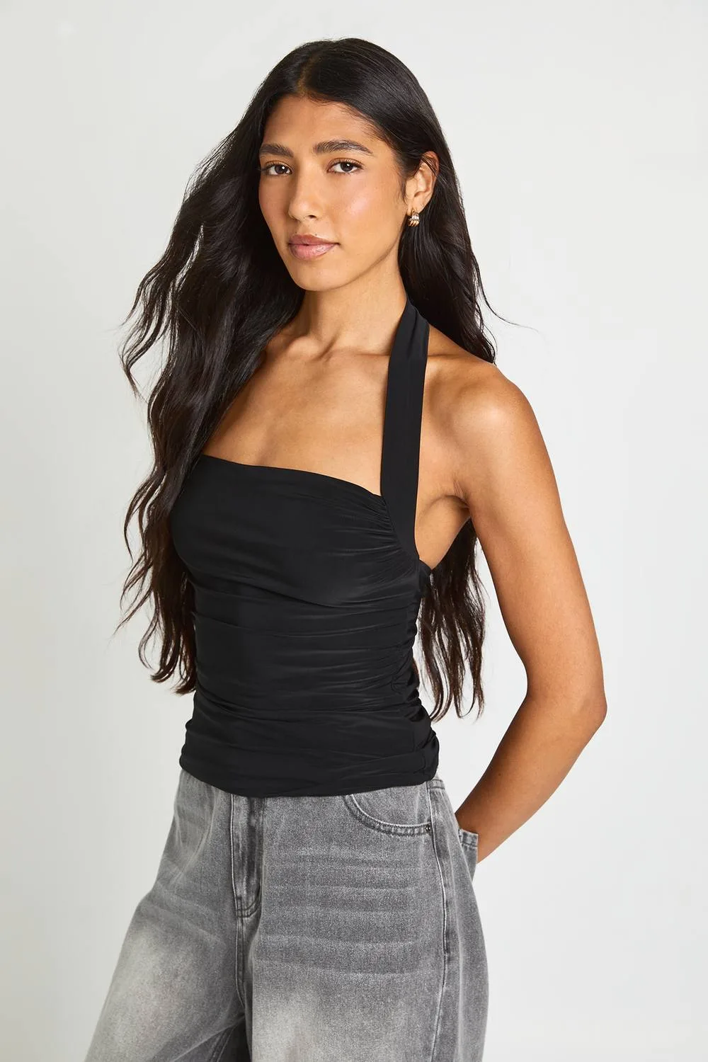 Tall Ruched Square Neck Halterneck Top by boohoo