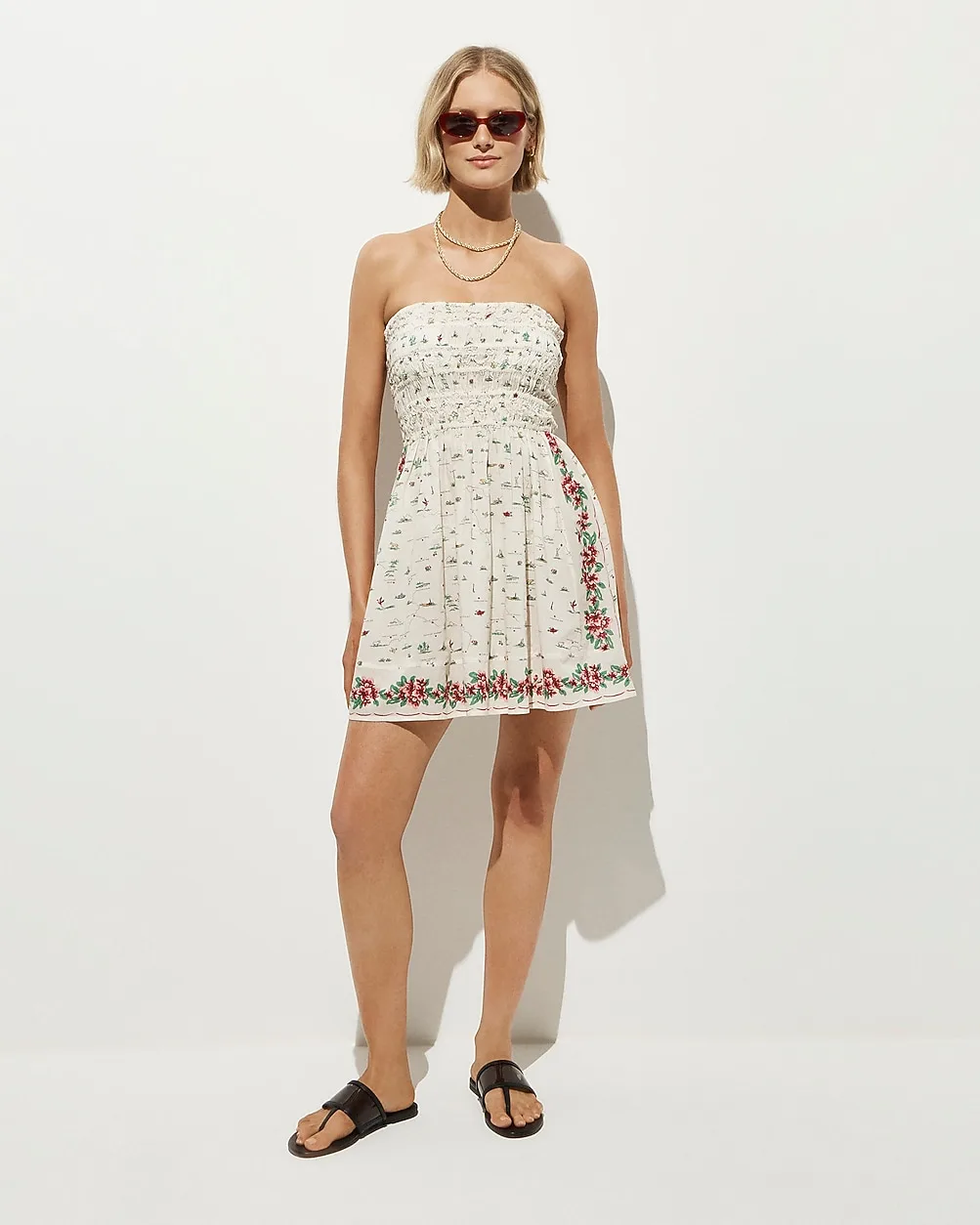 Smocked Mini Dress in Map-Print Cotton Voile by J.Crew