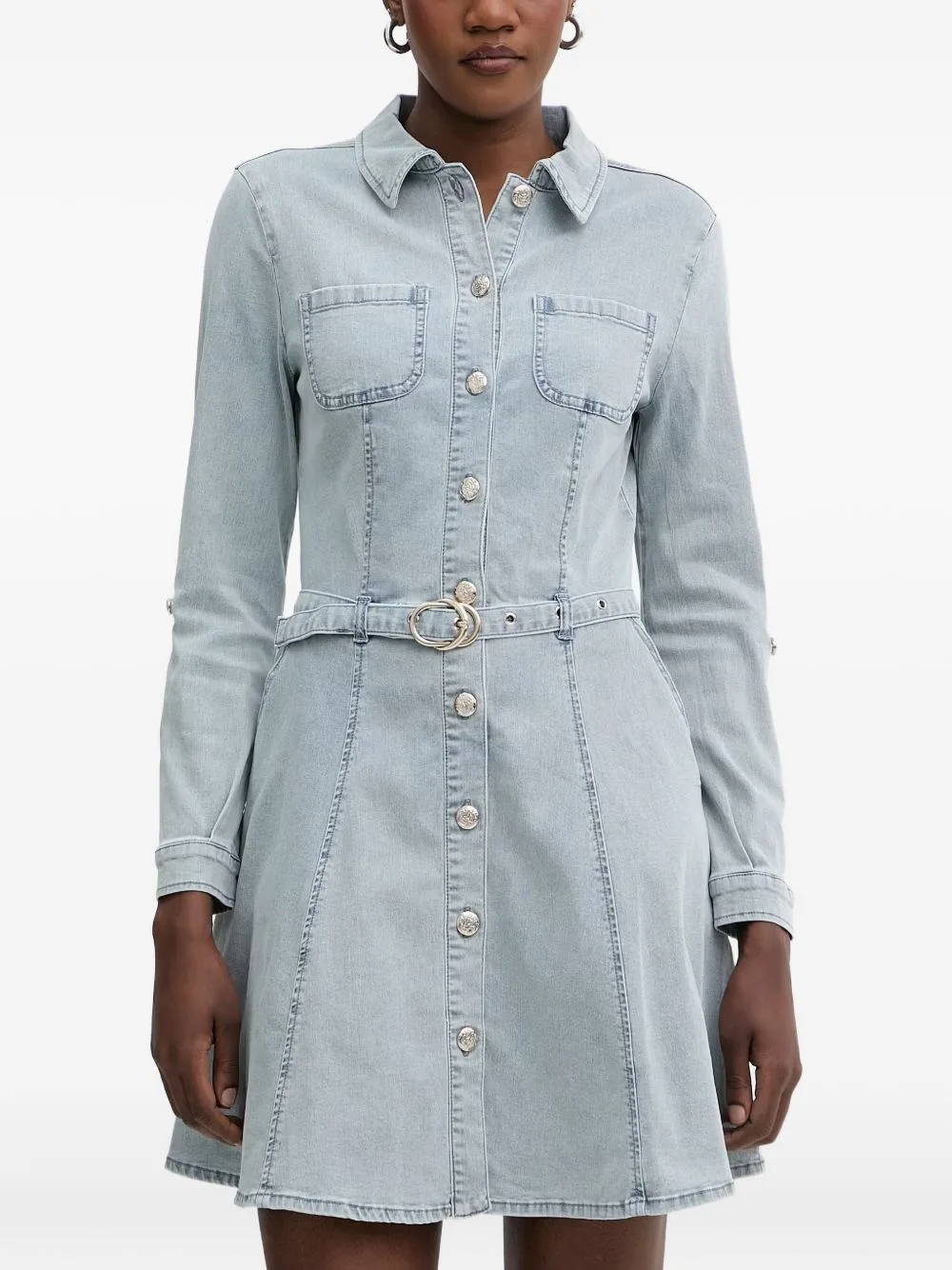Belted Button-Front Denim Mini Dress by Morgan