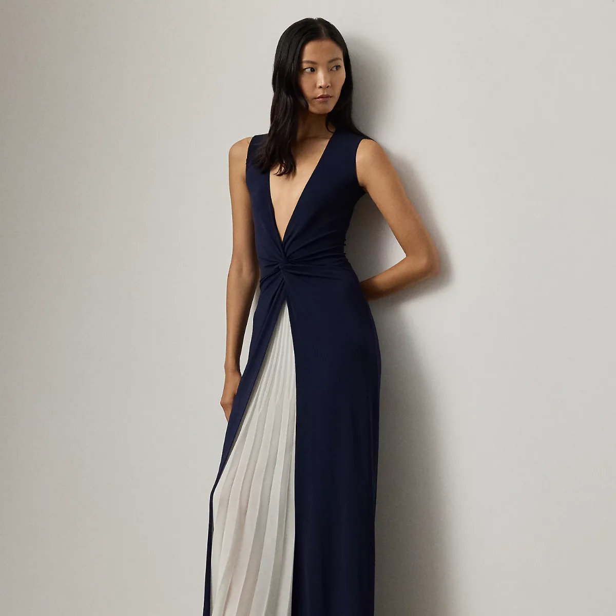Zach Two-Tone Pleated Evening Dress by Ralph Lauren Collection