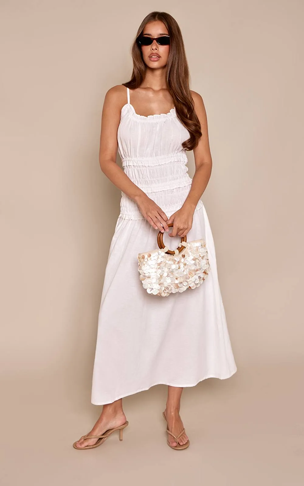 Ditsy Strappy Linen Look Shirred Detail Maxi Dress
