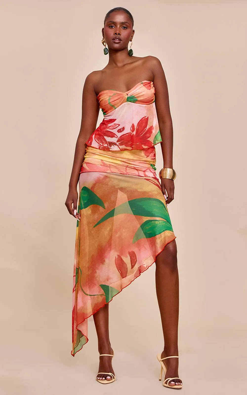 Print Mesh Asymmetric Midi Skirt Co-Ord