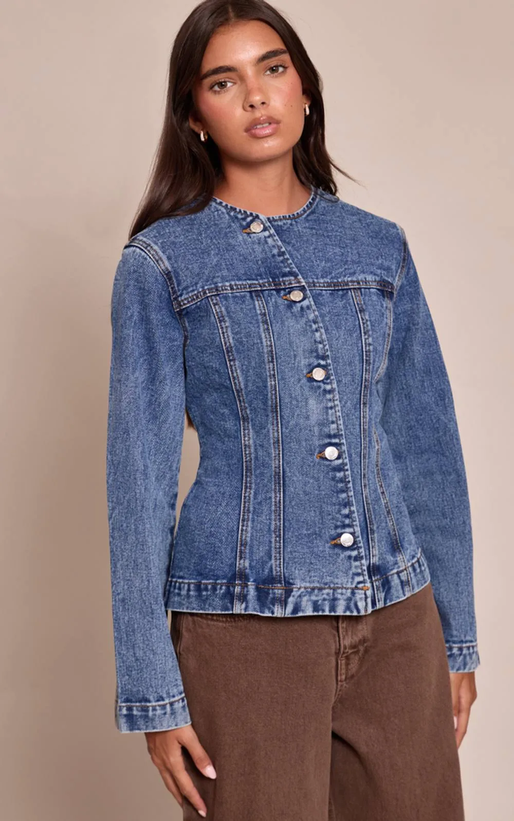 Asymmetric Button Collarless Denim Shirt by PrettyLittleThing