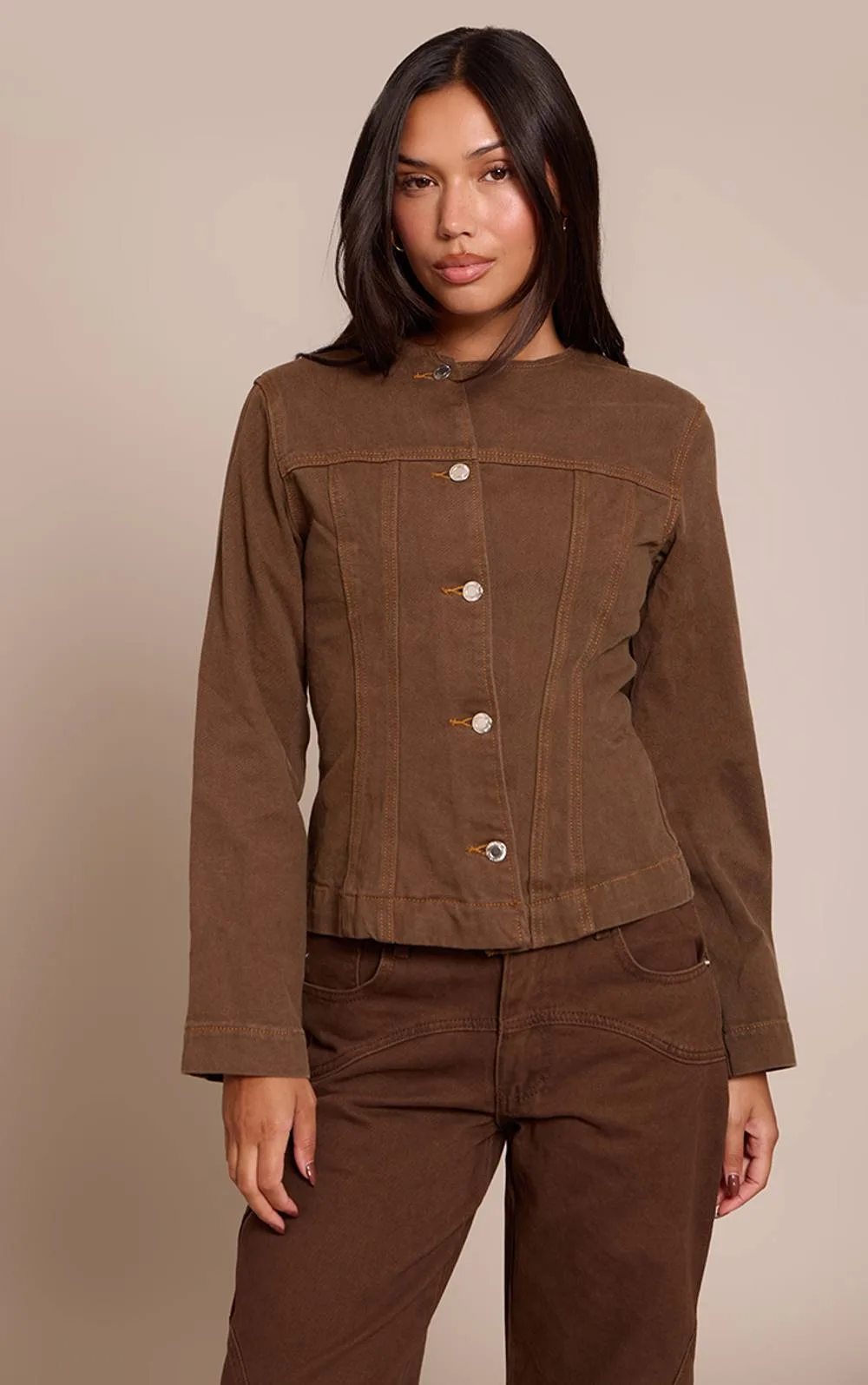 Asymmetric Button Collarless Denim Shirt