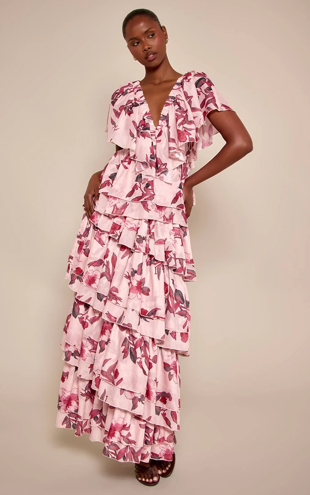 Floral Printed Extreme Tiered V Neck Maxi Dress