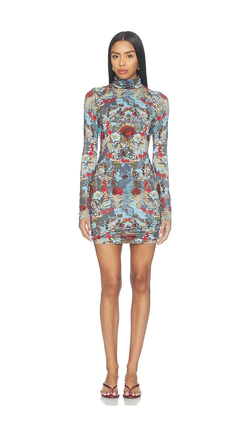Delora Longsleeve Fitted Folded Turtleneck Mini Dress by Alice + Olivia