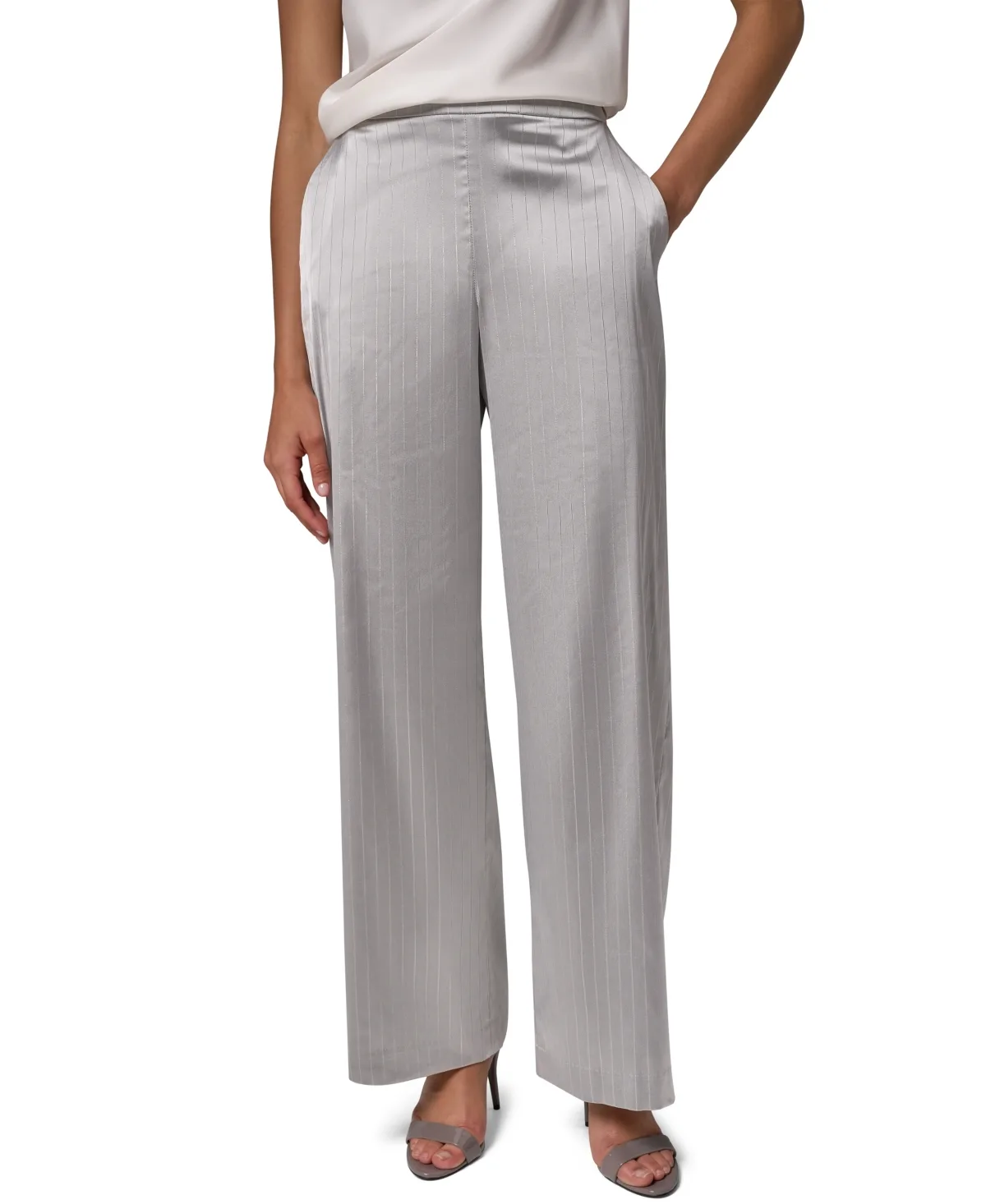 Wide-Leg Pull-On Metallic Satin Pants by Donna Karan New York